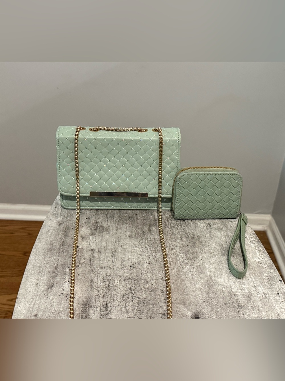 Vintage OKPTA Y2K Mint Green Quilted Gold Venetian Chain Crossbody Bag/Wristlet